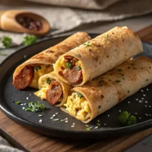 Close-up of cut tortilla roll-ups showcasing sausage, egg, and cheese filling with fresh herbs.