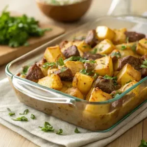 Glass baking dish filled with a comforting mix of beef, potatoes, and cheese, garnished with parsley.