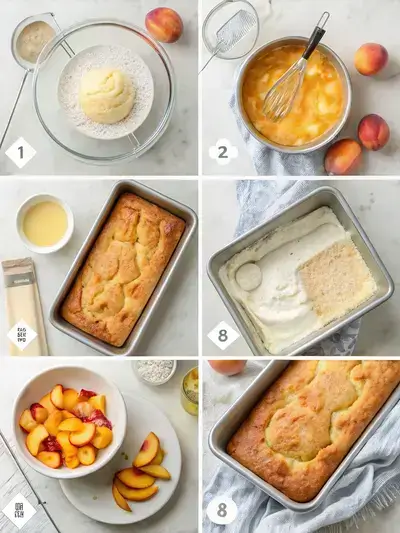 Step-by-step preparation of Peach Cobbler Pound Cake in a cozy kitchen setting.