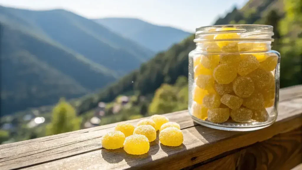 A clear glass jar filled with bright yellow sugar-coated lemon drops on a wooden ledge with a mountain valley in the background.