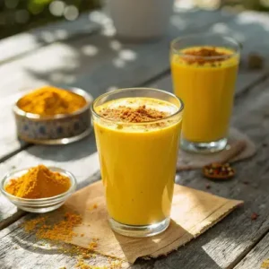 Mounjaro Drink with turmeric powder, sunlight highlighting the glass on a wooden surface