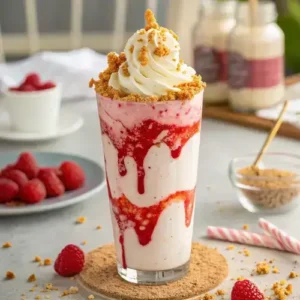 Close-up of a Refreshing Raspberry Cheesecake Freakshake with graham cracker crumbs and white chocolate drizzle.