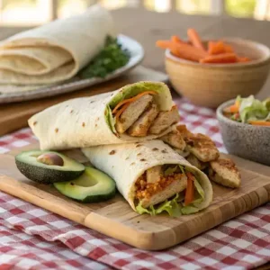 Freshly cooked flour tortillas beside a filled tortilla wrap on a checkered tablecloth.