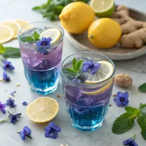 Two clear glasses of color-changing detox tonic with lemon and mint on a marble surface, surrounded by lemons and ginger.