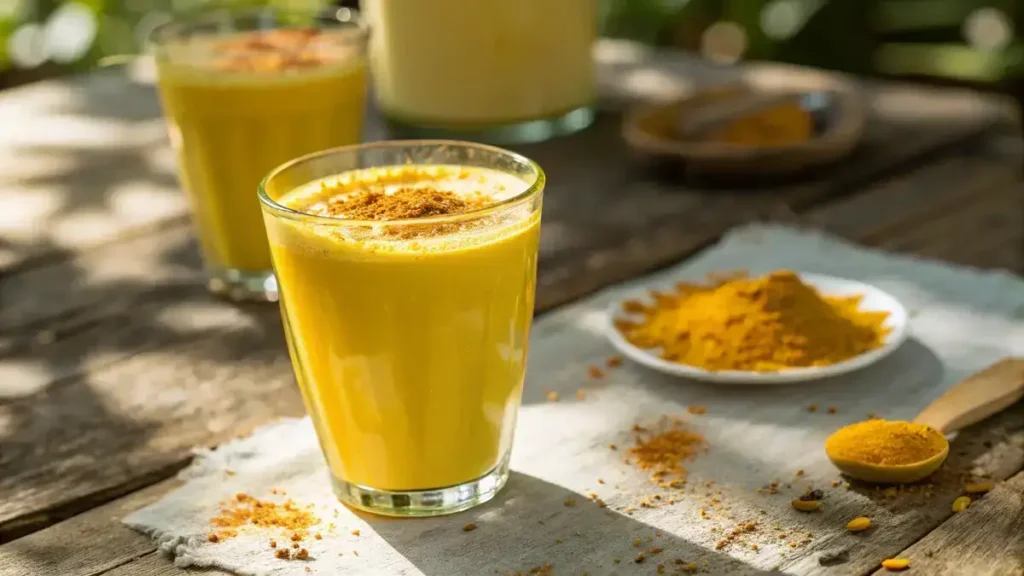 Close-up of a yellow Mounjaro Drink in a clear glass with turmeric powder on top, on a wooden table